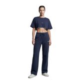 Kadın 2’li Alt-Üst Spor Takımı - Crop Kısa Kollu Tshirt & Geniş Paça Eşofman (Lacivert, M)