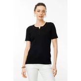 Kadın Açma Yaka Boncuk İşlemeli Pamuklu T-Shirt Lacivert