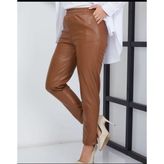 Kadın Beli Lastikli Deri Pantolon - Taba - 48