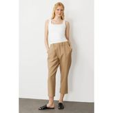Kadın Beli Lastikli Yan Cepli Havuç Kesim Keten Pantolon Camel