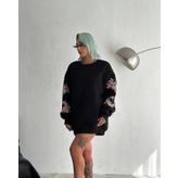 Kadın Bisiklet Yaka Baskılı SweatShirt - Siyah