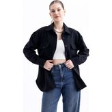 Kadın Çift Cepli Oversize Kaşe Gömlek Ceket - 0-Siyah