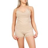 Kadın Dantel Detaylı Şort/Askılı Üst Puantiyeli Pijama Takımı (Bej, L)