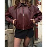 Kadın Deri Bomber Ceket - Bordo - XS