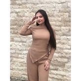 Kadın Düşük Omuz Drape Detay Bürümcük Bluz Pantolon Takımı - Camel