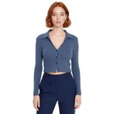Kadın Esnek Örme Bluz Vücuda Oturan Crop Boy Gömlek Yaka Uzun Kollu Düğmeli Casual Günlük Kışlık