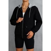Kadın Fermuarlı Basic Siyah Kapşonlu Kot Ceket - XL