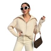Kadın Fermuarlı oversize Devrik Yaka Triko Hırka