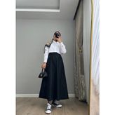 Kadın Gabardin Beli Lastikli Cepli Kloş Etek - Siyah - Standart