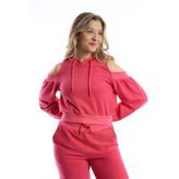 Kadın Kapüşonlu Omuz Dekolteli Sweatshirt Pembe