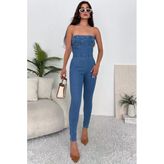 Kadın Likralı Straplez Denim Tulum
