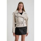Kadın Oversize Biker Deri Ceket - Bej - M