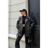 Kadın Oversize Biker Deri Ceket - Siyah - M