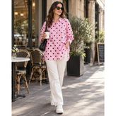 Kadın Puantiyeli Oversize Uzun Gömlek Düğmeli - Pembe
