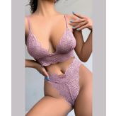Kadın Pudra Dantelli Derin Dekolte Bralet Tanga Takım-1027