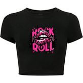 Kadın Rock'n Roll Lips Crop T-Shirt Siyah