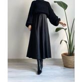 Kadın Şık Saten Kemeri Lastikli Maxi Boy A Line Etek - Siyah - XL