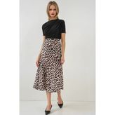 Kadın Vizon Leopar Desenli Saten Yüzeyli Beli Lastikli Midi Boy Etek HZL23S-BD1101471 - 40