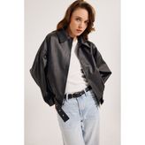 Kadın Yeni Sezon Oversize Bomber Deri Ceket - Siyah
