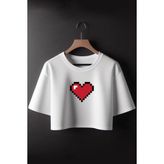 Kalp Baskılı Crop Tshirt - Beyaz - M