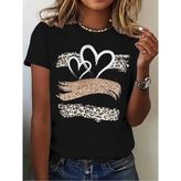 Kalp ve Leopar Baskılı T-Shirts - Siyah