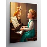 Kanvas Tablo Kedi Ve Çocuk Piyano Çalıyor, 100 x 140