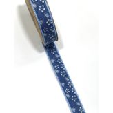 Karantuhafiye Baskılı Kurdele, 25 mm, 10 Metre, Çiçek ve Yıldız Deseni, Lacivert