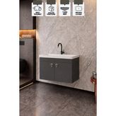Karen Banyo Kemer 80 Cm, Alt Banyo Dolabı, Lavabolu, Antrasit, Kapaklı Banyo Dolabı, Seramik Lavabo Dahil, Mdf