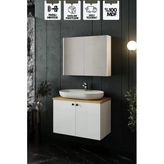 Karen Banyo Liva 80 Cm Tezgahlı, Aynalı Banyo Dolabı Seti, Seramik Lavabo Dahil, Beyaz, Mdf