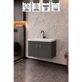 Kemer 80 Cm, Alt Banyo Dolabı, Lavabolu, Antrasit, Kapaklı Banyo Dolabı, Seramik Lavabo Dahil, Mdf
