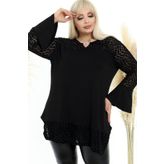 Kheos Tül Üzeri Flok Baskılı Yakası Zincirli Volanlı Uzun Kollu Bluz