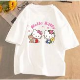 Kids Face Özel Tasarım Bisiklet Yaka Hello Kıtty Baskılı %100 Pamuk Oversize Kız Çocuk T-Shırt - 5 Yaş - Beyaz