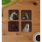 Kırmızı Retro Halı ve At Temalı Ahşap Bardak Altlığı Seti, Şık ve Rustik Ev Dekoru - 3mm mdf