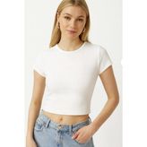 Kısa Kollu Basic Fitilli Crop Kadın - Beyaz - M