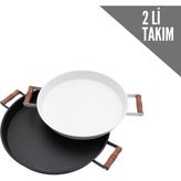 Kitchen Trend 2'li Ahşap Kulplu 37 cm Siyah ve 30 cm Beyaz Tepsi Çay Kahve Sunum Tepsisi - Siyah - Beyaz