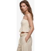 Koton Koton x Melis Ağazat - Slim Fit Keten Karışımlı Fırfırlı Çizgili Straplez Crop Korse Büstiyer - Beyaz - 34