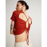 Koton x Melis Ağazat - Crop Tişört Arkası Pencere Detaylı Bağlamalı Kısa Kollu Yuvarlak Yaka - Bordo - 2XL