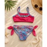 KR Kids Kız Çocuk Bağlamalı Bikini Takımı Tropikal Desenli Fırfır Detaylı Mayo Takımı - 10 Yaş - Fuşya - Turkuaz