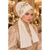 Krem Gold Detaylı Atkılı Abiye Bone