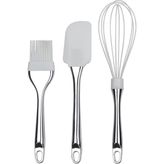 Krom Saplı - Beyaz Silikon Spatula, Silikon Fırça ve Silikon Çırpıcı 3'lü Set