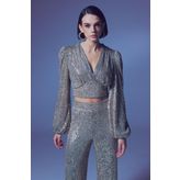 Kruvaze Payetli Crop Bluz - Bej