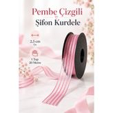 kubbe tekstil aksesuar Pembe Çizgili Şifon Kurdele 2,5 cm – 1 Top 20 Metre Hediye Paketi, Çiçek Buketi, Nişan Düğün ve Dekorasyon Kurdelası