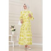 Kuşaklı Çiçekli Lina Elbise-Sarı
