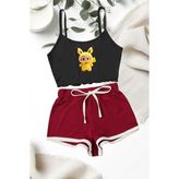 Labubu Pikachu Şort Takım - S - Kırmızı