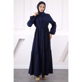 Lacivert Bel Bağlamalı Dantelli Elbise - 38