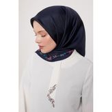 Lacivert Cicek Serit Twill İpek Eşarp