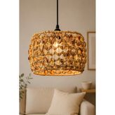 Lambadar Ring Model Tekli Rattan Bambu Modern Tasarım Iskandinav Bohem Sarkıt Avize - Siyah