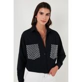 Lela Cepleri Taş Detaylı % 100 Pamuk Oversize Gömlek Bayan Gömlek 51444781 - Siyah