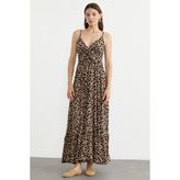 Leopar Desenli Askılı Uzun Elbise - Bej