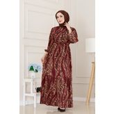 Leopar Desenli Beli Tünelli Viscon Elbise-Bordo
